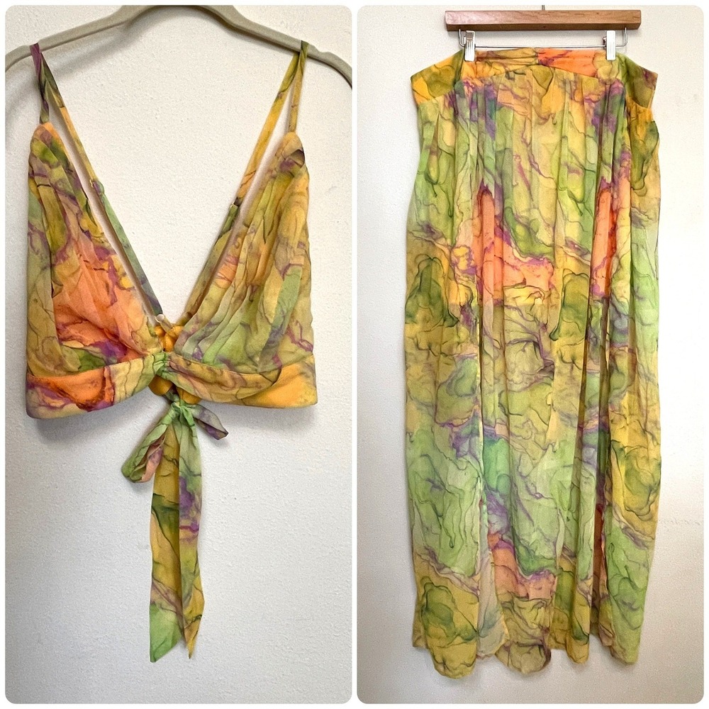 Fashion Nova 2 Piece Set Watercolor Marble Crop Top Maxi Skirt Yellow Green 1X